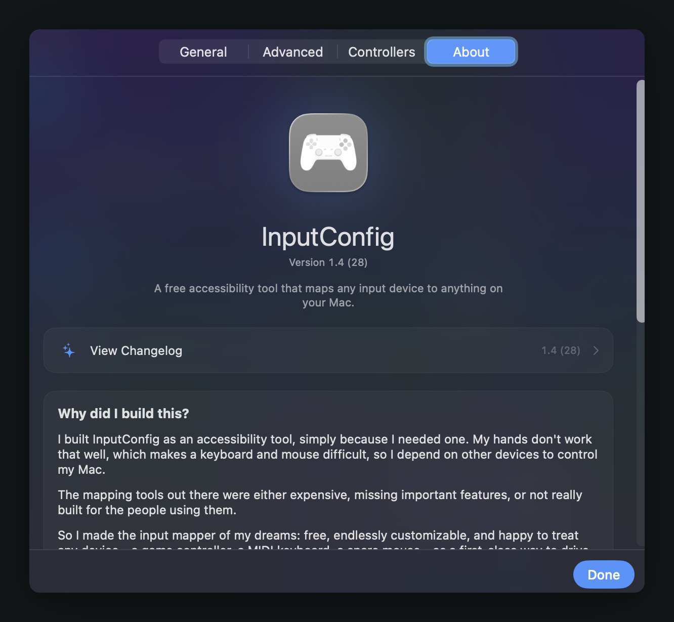 InputConfig settings About tab: app icon, version 1.4 (28), changelog link, and origin note