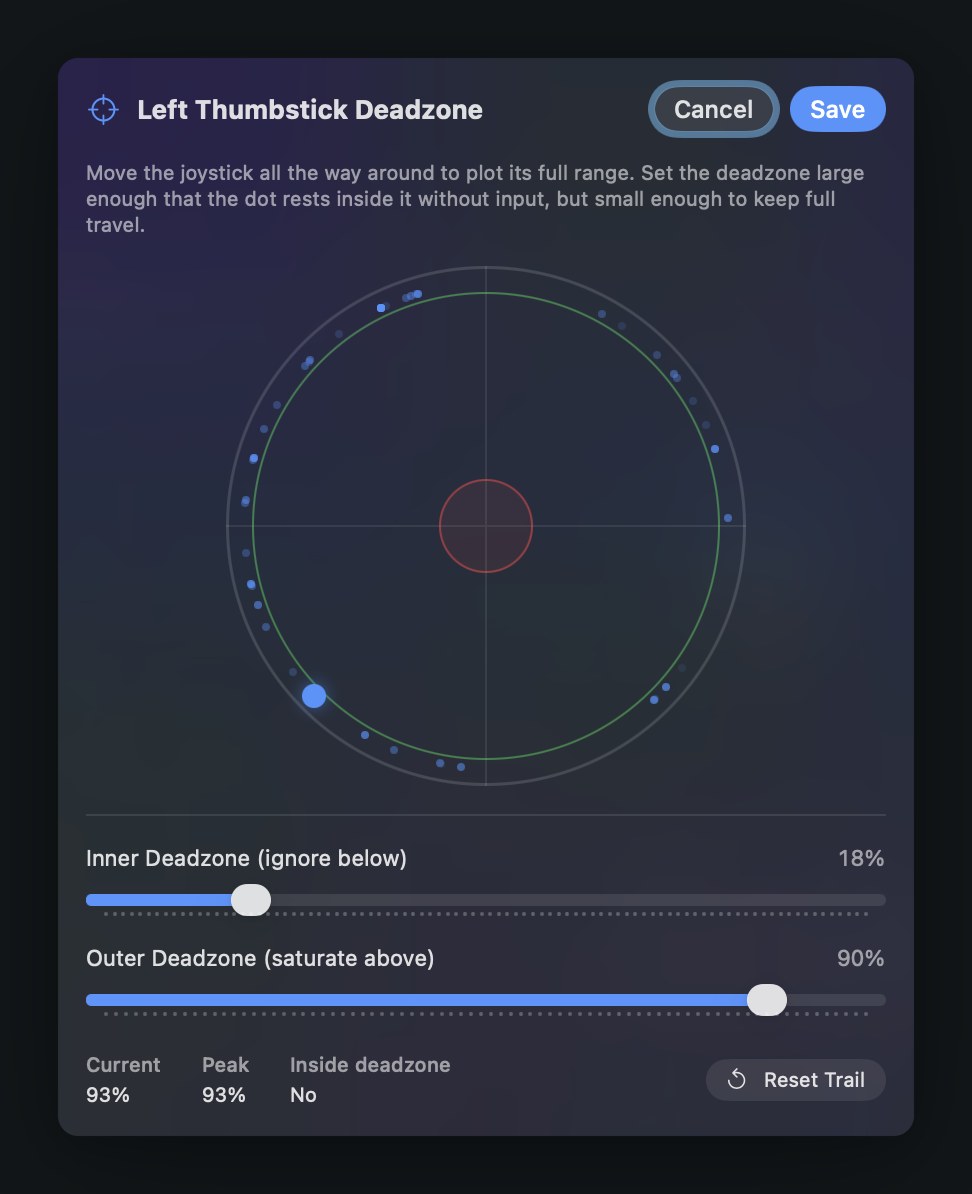 InputConfig left thumbstick deadzone plot with an inner ring at 18 percent and an outer ring at 90 percent