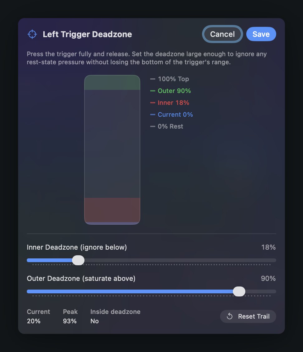 InputConfig left trigger deadzone bar with inner 18 percent and outer 90 percent bands