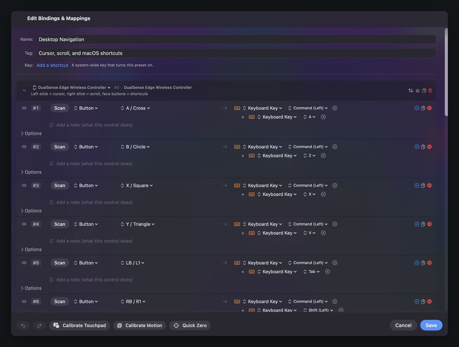 InputConfig binding editor showing the Desktop Navigation preset, with six numbered rows mapping face buttons and bumpers to Command key shortcuts