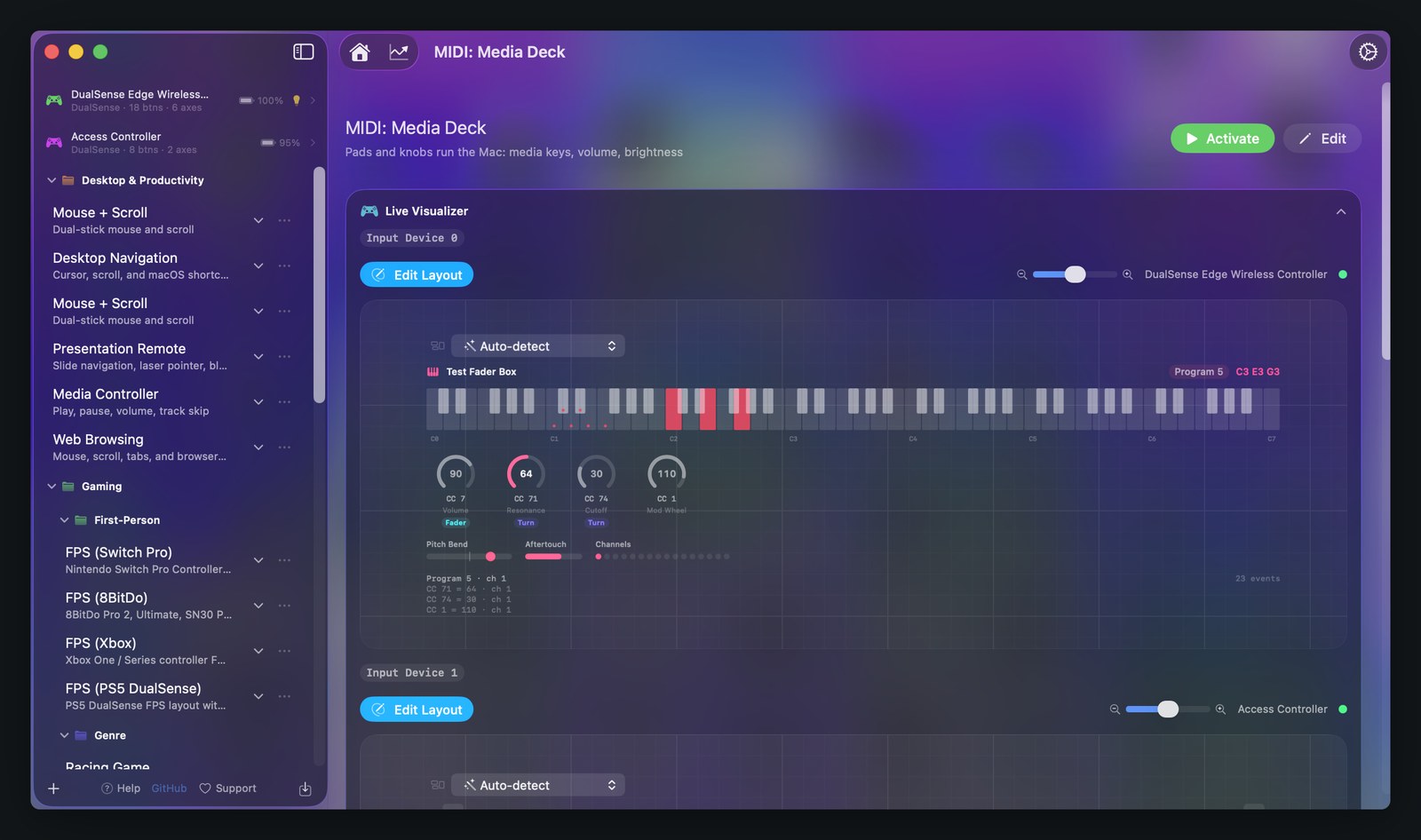 InputConfig live visualizer showing a MIDI keyboard, four CC dials, and a rolling event log