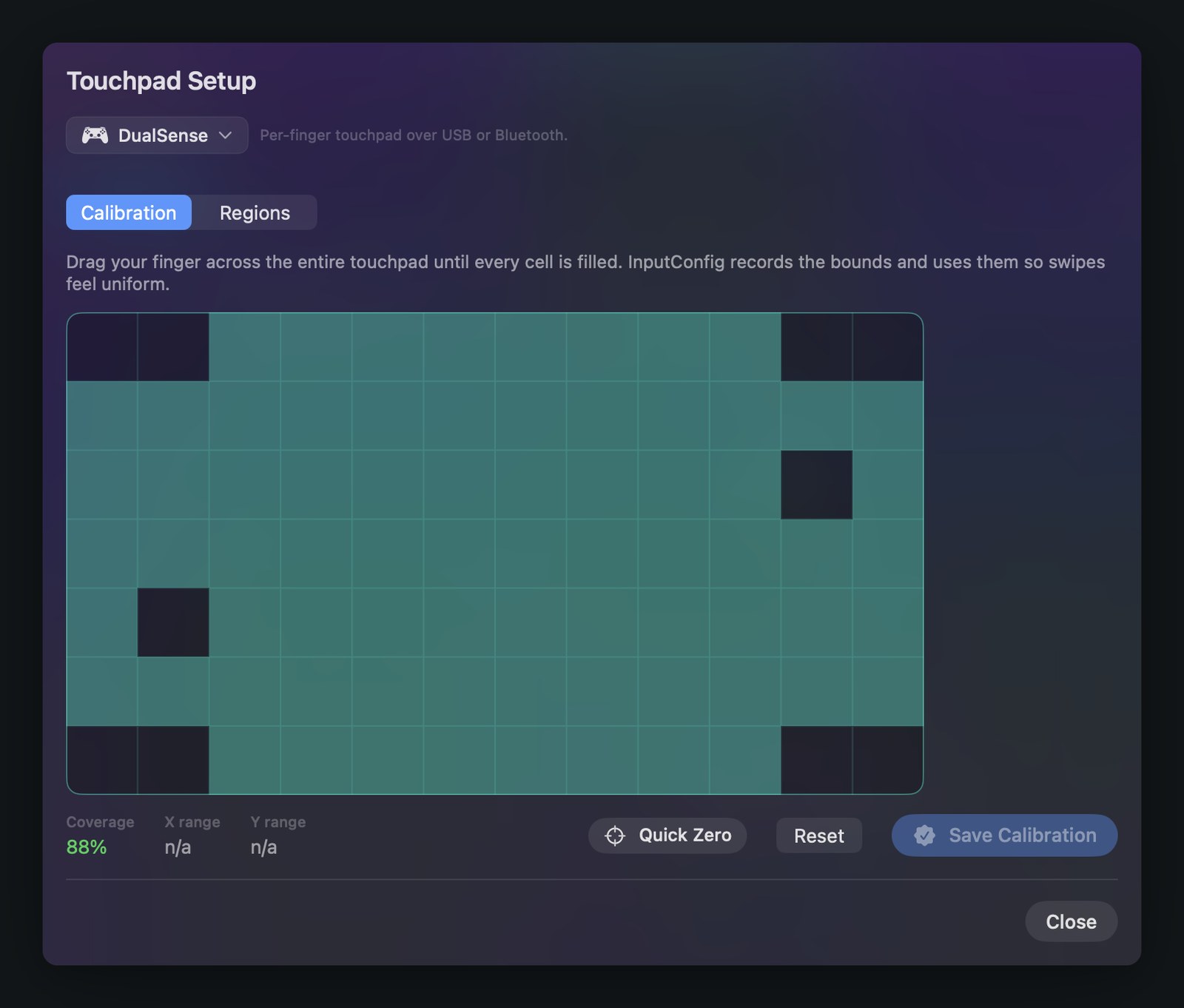 InputConfig touchpad calibration grid filling in as a finger sweeps the pad