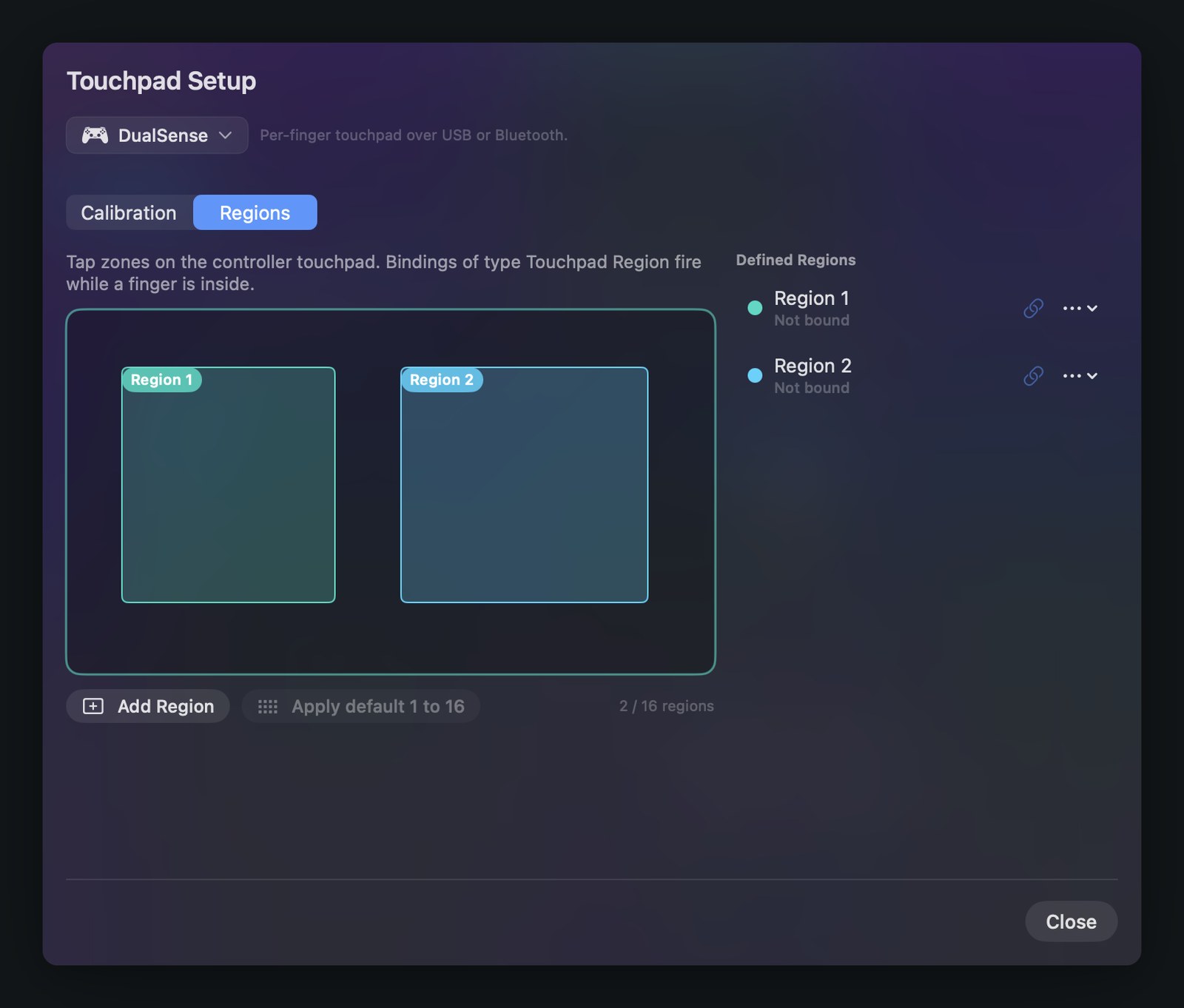 InputConfig touchpad region editor with two rectangular zones defined