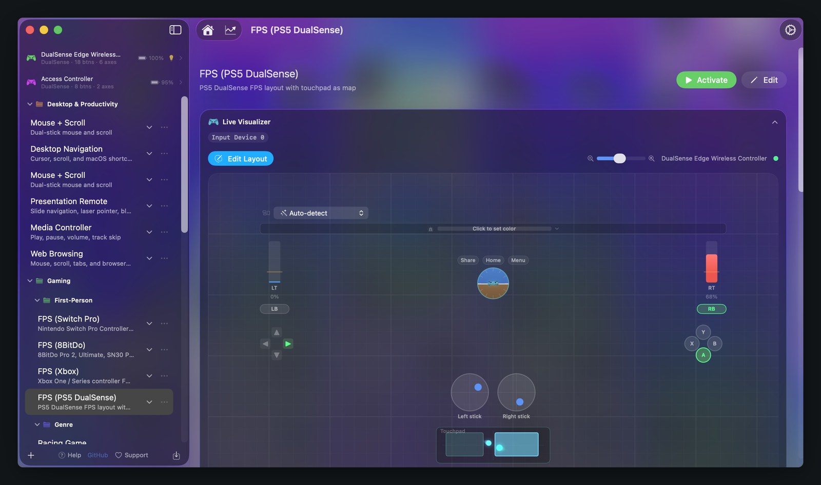InputConfig with a preset selected, showing the green Activate button beside Edit and a live controller map below