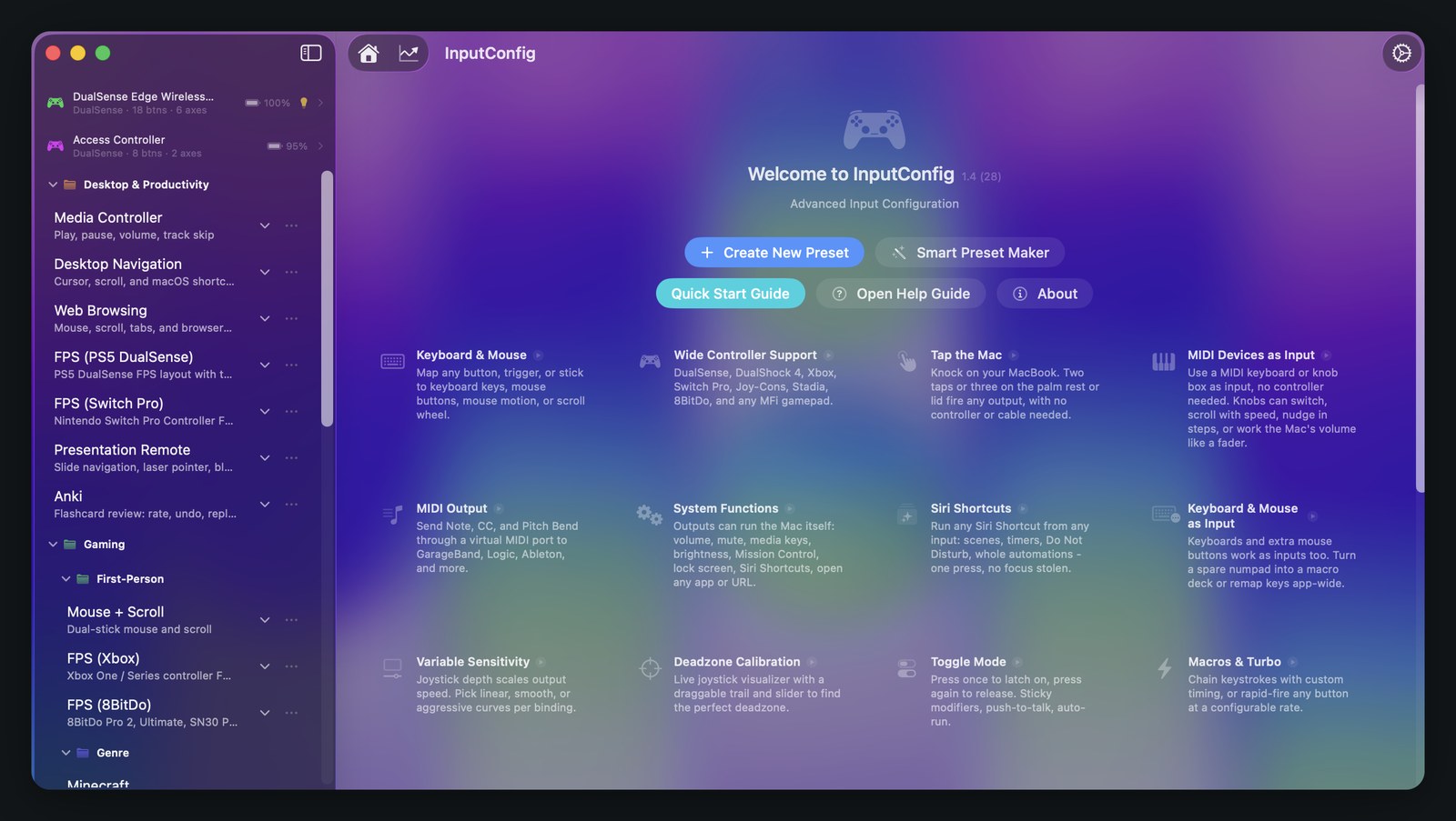 InputConfig main window: controller and preset sidebar beside the welcome screen feature grid