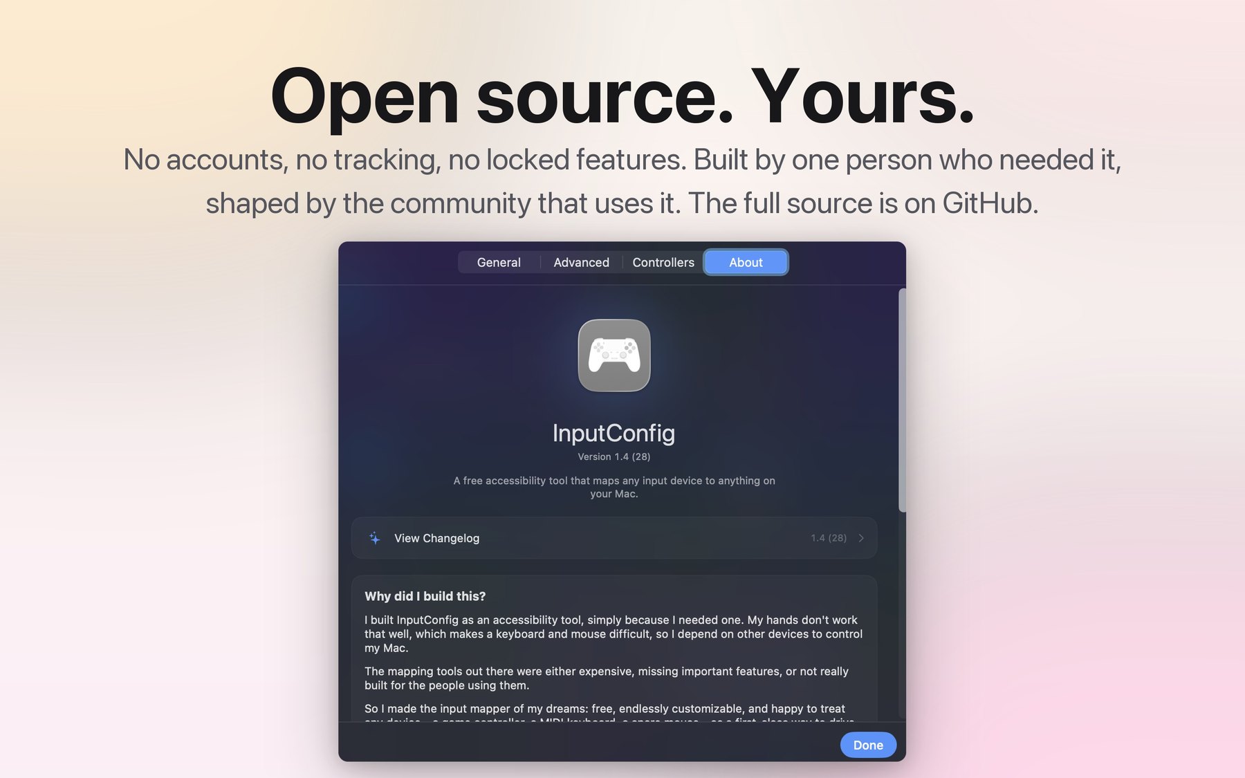 InputConfig About tab explaining why the app was built