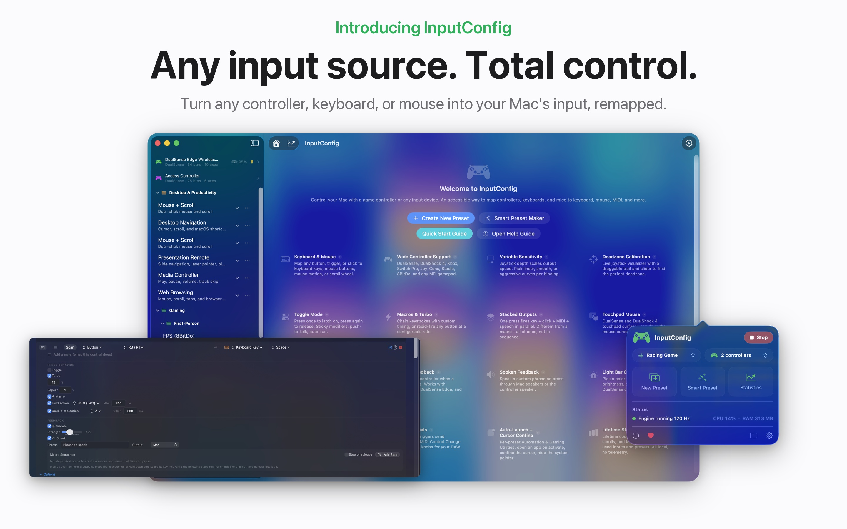 InputConfig welcome screen and preset editor on macOS