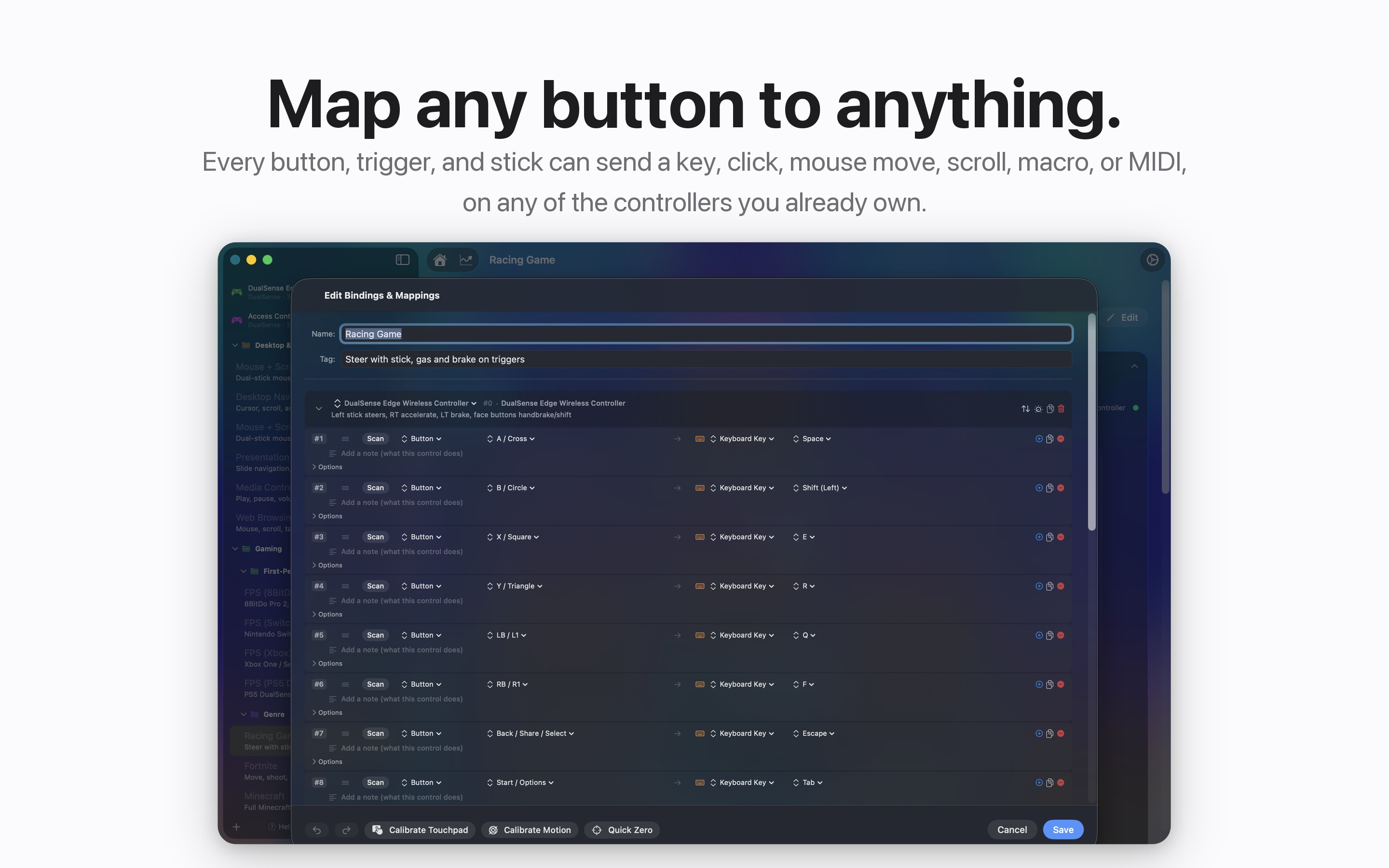 InputConfig binding editor listing many mapped controls
