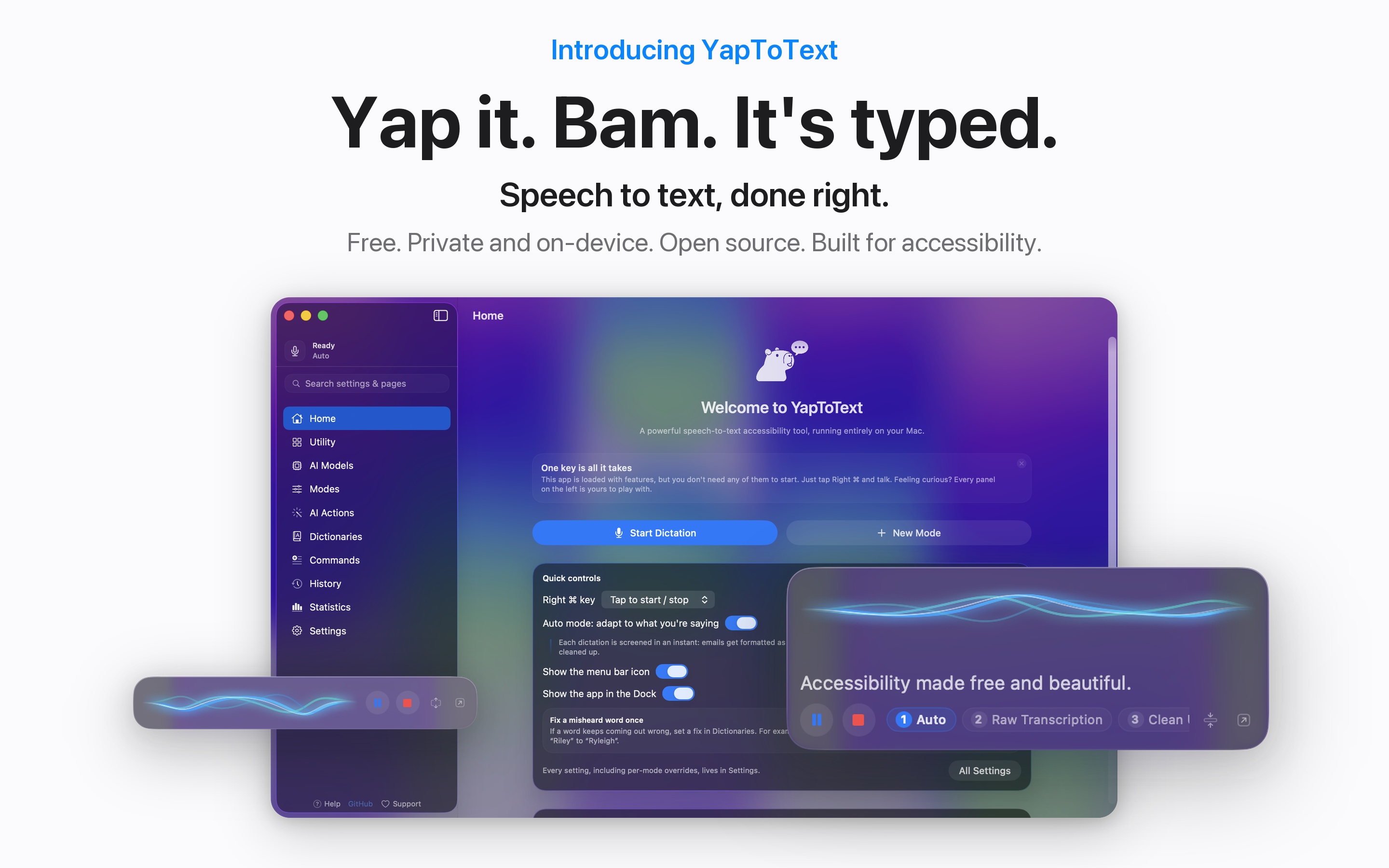 YapToText speech to text app for macOS