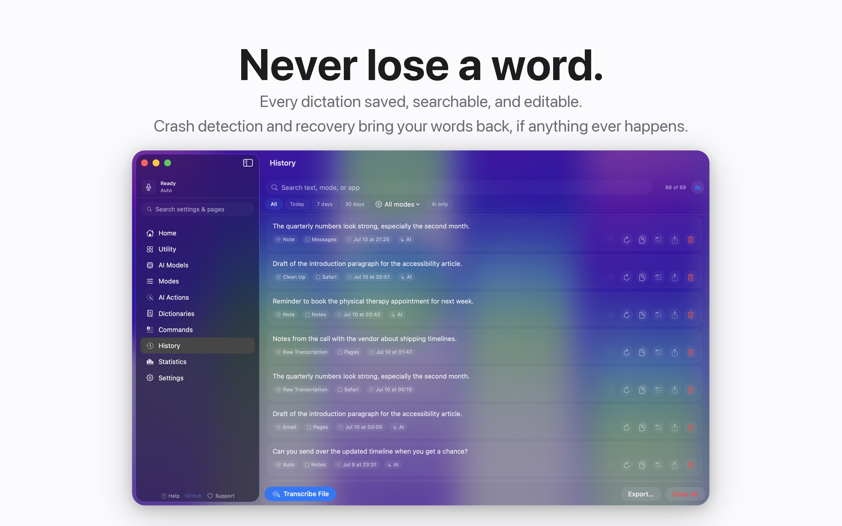 YapToText history list with search and playback