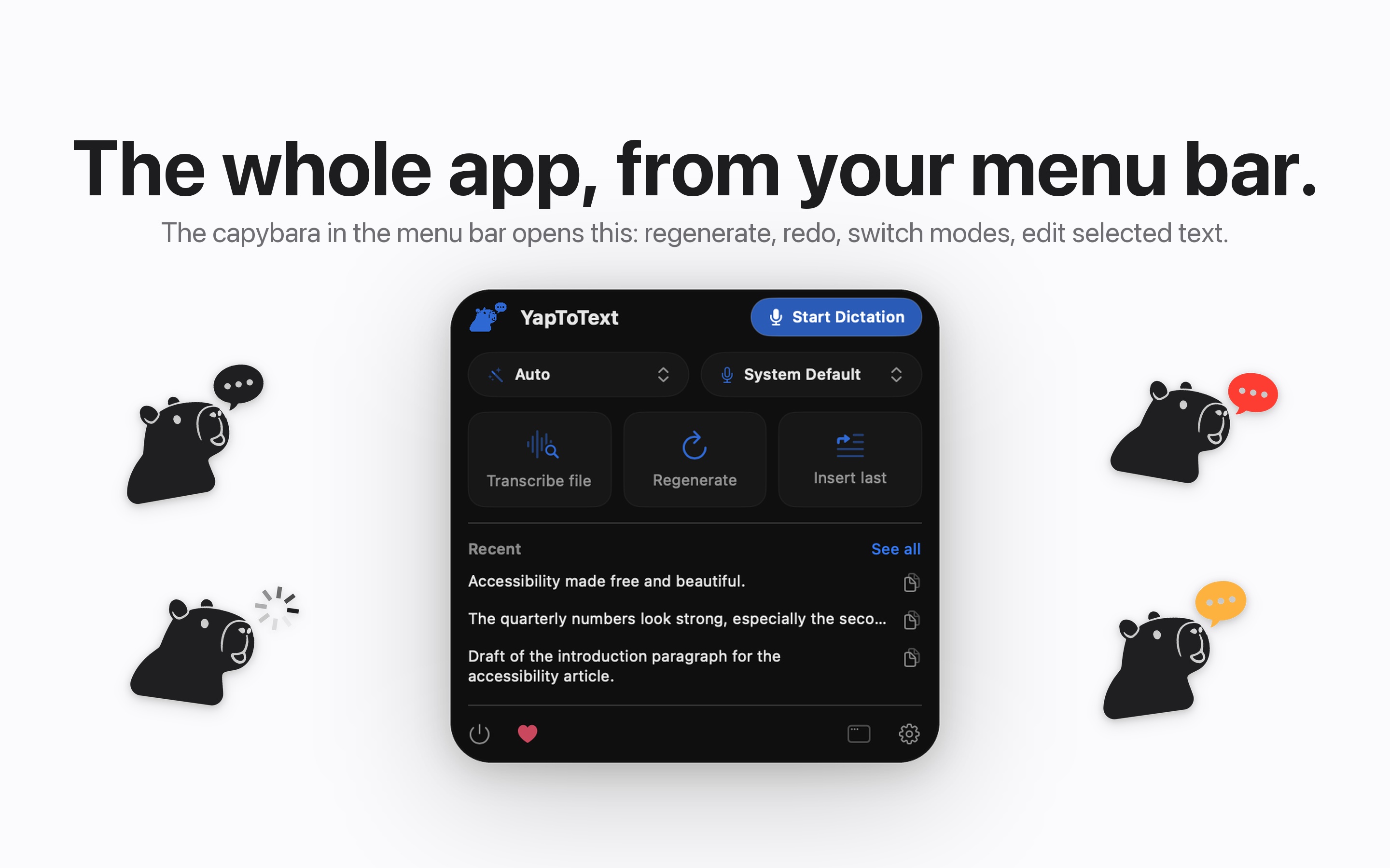 YapToText menu bar panel with recent dictations